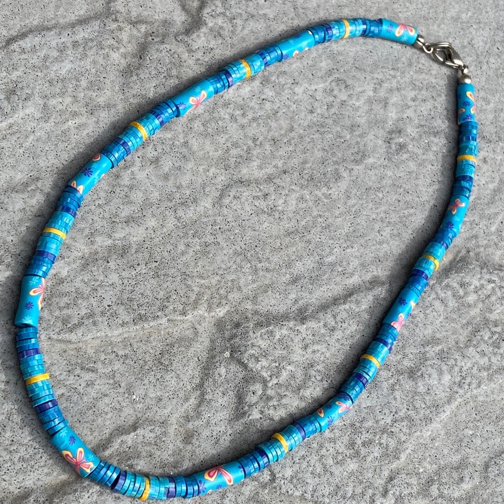 Turquoise blue hand painted floral bone necklace Hippie Minimalist Boho